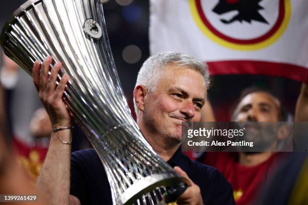 Jose Mourinho, Head Coach of AS Roma celebrates with the UEFA Europa Conference League Trophy after their sides victory in the UEFA Conference League...