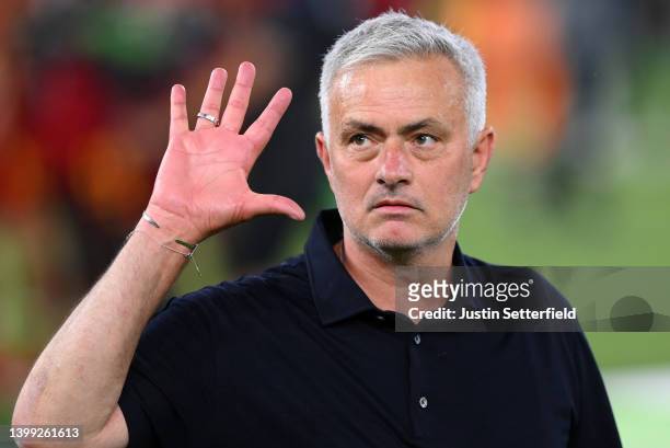 Jose Mourinho, Head Coach of AS Roma celebrates winning the UEFA Europa Conference League during the UEFA Conference League final match between AS...
