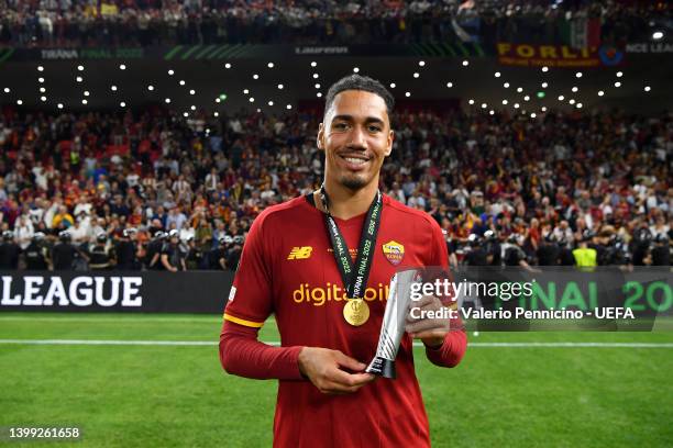 Chris Smalling of AS Roma poses for a photo with the Laufenn Player Of The Match Award after their sides victory during the UEFA Conference League...