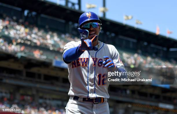 Francisco Lindor of the New York Mets celebrates after hitting a home run in the top of the sixth inning against Jakob Junis of the San Francisco...