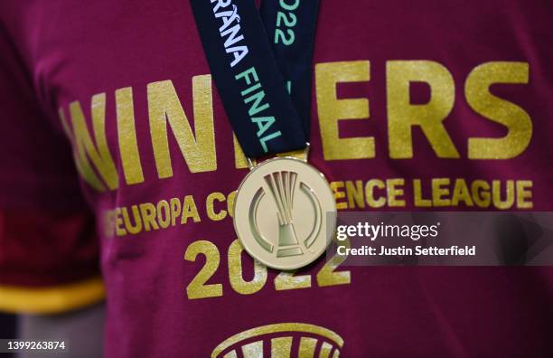 Detailed view of the UEFA Conference League winning medal during the UEFA Conference League final match between AS Roma and Feyenoord at Arena...