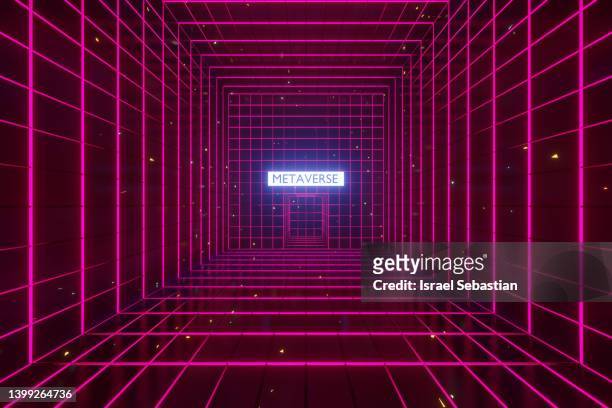 3d illustration of a concept of entrance or gateway to the metaverse. entrance to the metaverse space, science fiction room with purple light square shapes. - browsing the internet stock pictures, royalty-free photos & images