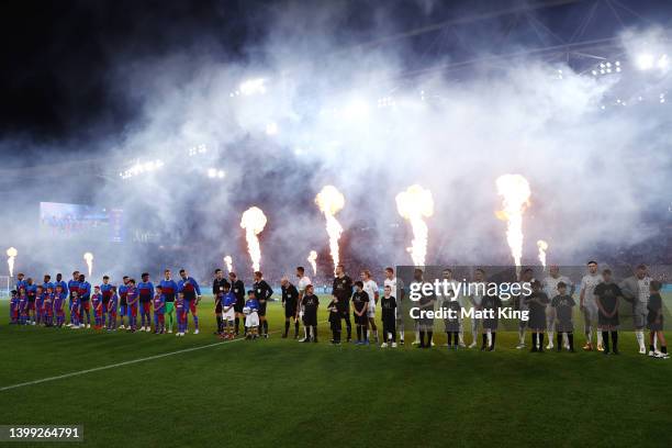 Barcelona and the A-League All Stars line up during the match between FC Barcelona and the A-League All Stars at Accor Stadium on May 25, 2022 in...