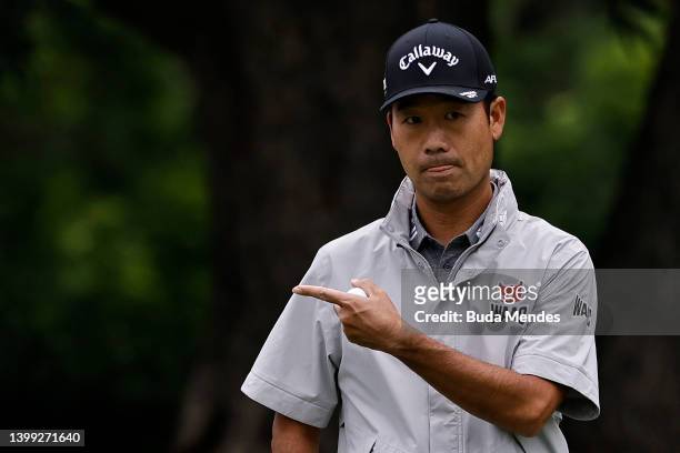 Kevin Na of the United States gestures from the fourth green during a practice round prior to the Charles Schwab Challenge at Colonial Country Club...