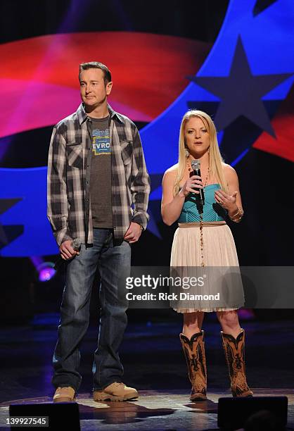 Kurt Busch Nascar Driver car and Patricia Driscoll President armed forces foundation address the audience during CMT Presents Ron White's Comedy...
