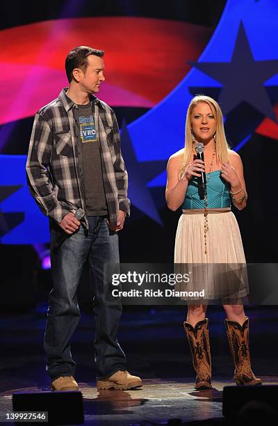 Kurt Busch Nascar Driver car and Patricia Driscoll President armed forces foundation address the audience during CMT Presents Ron White's Comedy...