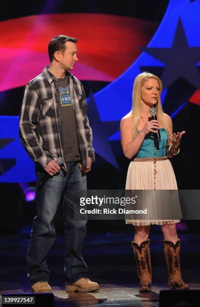 Kurt Busch Nascar Driver car and Patricia Driscoll President armed forces foundation address the audience during CMT Presents Ron White's Comedy...