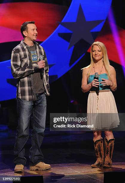 Kurt Busch Nascar Driver car and Patricia Driscoll President armed forces foundation address the audience during CMT Presents Ron White's Comedy...