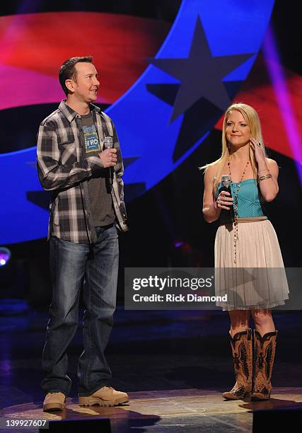 Kurt Busch Nascar Driver car and Patricia Driscoll President armed forces foundation address the audience during CMT Presents Ron White's Comedy...