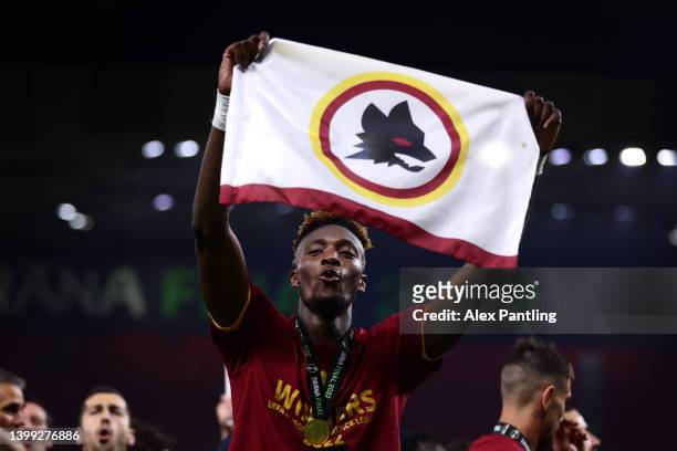 Tammy Abraham of AS Roma celebrates after the full time whistle during the UEFA Conference League final match between AS Roma and Feyenoord at Arena...