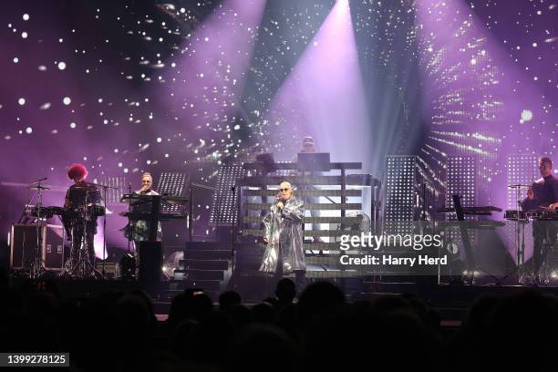 Clare Uchima, Neil Tennant and Chris Lowe of the Pet Shop Boys perform on their sold out Dreamworld show at BIC on May 25, 2022 in Bournemouth,...