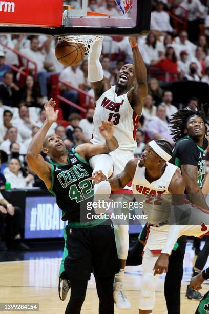 Bam Adebayo of the Miami Heat dunks the ball against Al Horford of the Boston Celtics during the first quarter in Game Five of the 2022 NBA Playoffs...