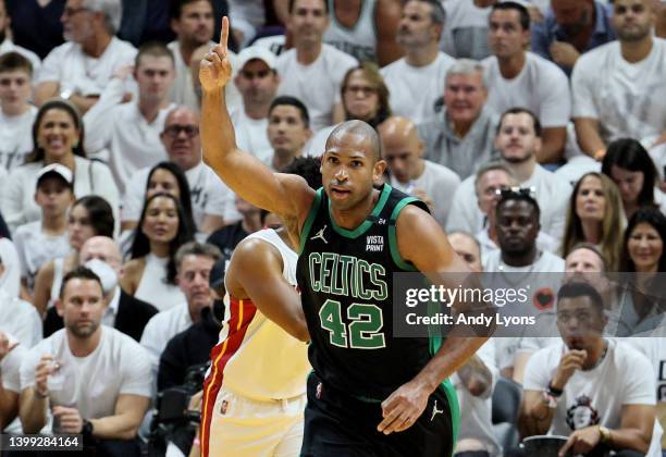 Al Horford of the Boston Celtics celebrates a basket against the Miami Heat during the first quarter in Game Five of the 2022 NBA Playoffs Eastern...