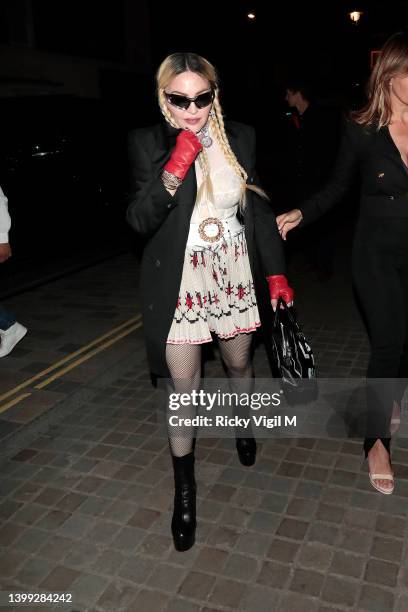 Madonna is seen on a night out leaving The Twenty Two and heading to Chiltern Firehouse on May 25, 2022 in London, England.