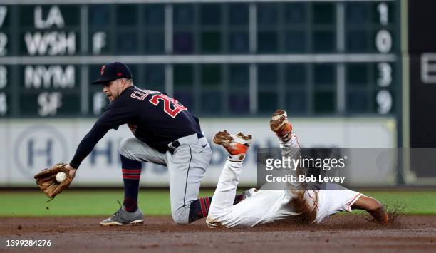 Jose Siri of the Houston Astros steals second base as Ernie Clement of the Cleveland Guardians applies the tag in the third inning at Minute Maid...