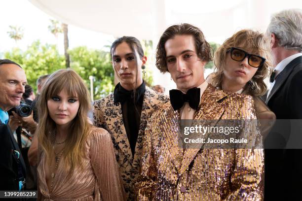 Victoria De Angelis, Ethan Torchio , Damiano David and Thomas Raggi of Maneskin are seen at Hotel Martinez during the 75th annual Cannes film...