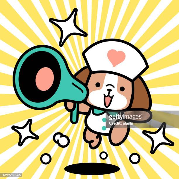 ilustraciones, imágenes clip art, dibujos animados e iconos de stock de una linda enfermera de perros sostiene un megáfono y corre hacia la cámara - cute nurses