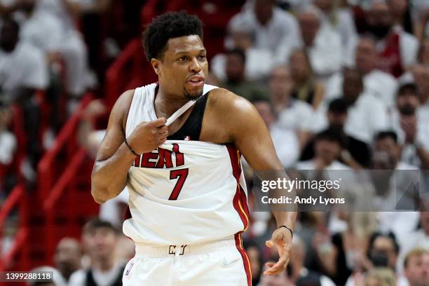 Kyle Lowry of the Miami Heat reacts to a call against the Boston Celtics during the second quarter in Game Five of the 2022 NBA Playoffs Eastern...