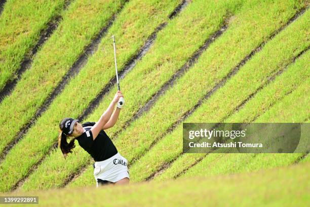 Yui Kawamoto of Japan hits her second shot on the 1st hole during the first round of Resorttrust Ladies at Maple Point Golf Club on May 26, 2022 in...