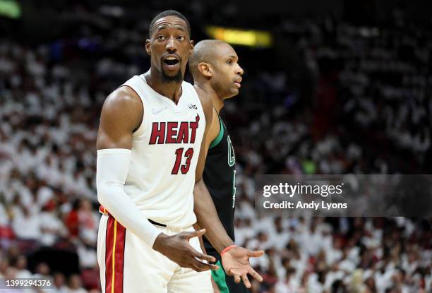Bam Adebayo of the Miami Heat reacts to a call against the Boston Celtics during the fourth quarter in Game Five of the 2022 NBA Playoffs Eastern...