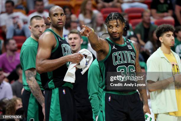 Marcus Smart of the Boston Celtics reacts against the Miami Heat during the fourth quarter in Game Five of the 2022 NBA Playoffs Eastern Conference...