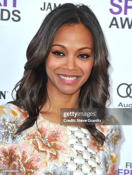 Zoe Saldana arrive at the 2012 Independent Spirit Awards at Santa Monica Pier on February 25, 2012 in Santa Monica, California.