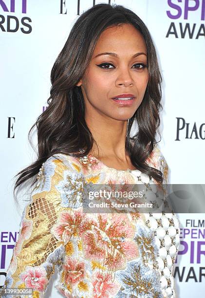 Zoe Saldana arrive at the 2012 Independent Spirit Awards at Santa Monica Pier on February 25, 2012 in Santa Monica, California.