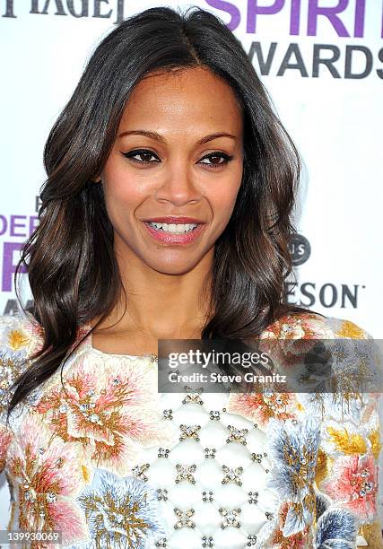 Zoe Saldana arrive at the 2012 Independent Spirit Awards at Santa Monica Pier on February 25, 2012 in Santa Monica, California.