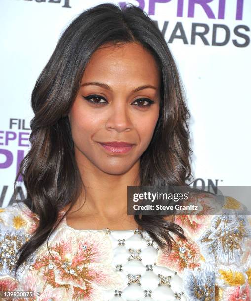 Zoe Saldana arrive at the 2012 Independent Spirit Awards at Santa Monica Pier on February 25, 2012 in Santa Monica, California.