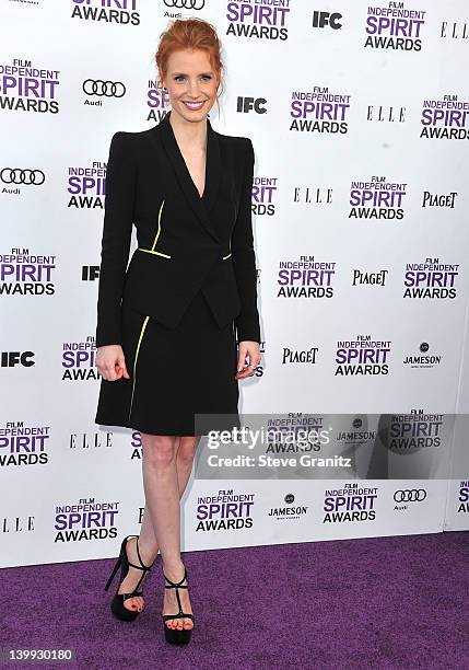 Jessica Chastain arrive at the 2012 Independent Spirit Awards at Santa Monica Pier on February 25, 2012 in Santa Monica, California.