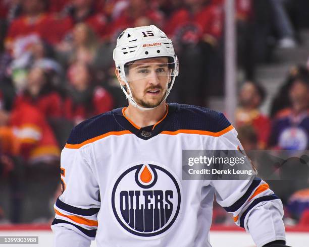 Josh Archibald of the Edmonton Oilers in action against the Calgary Flames during Game Two of the Second Round of the 2022 Stanley Cup Playoffs at...