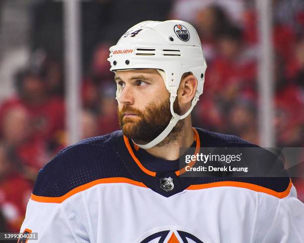 Zack Kassian of the Edmonton Oilers in action against the Calgary Flames during Game Two of the Second Round of the 2022 Stanley Cup Playoffs at...