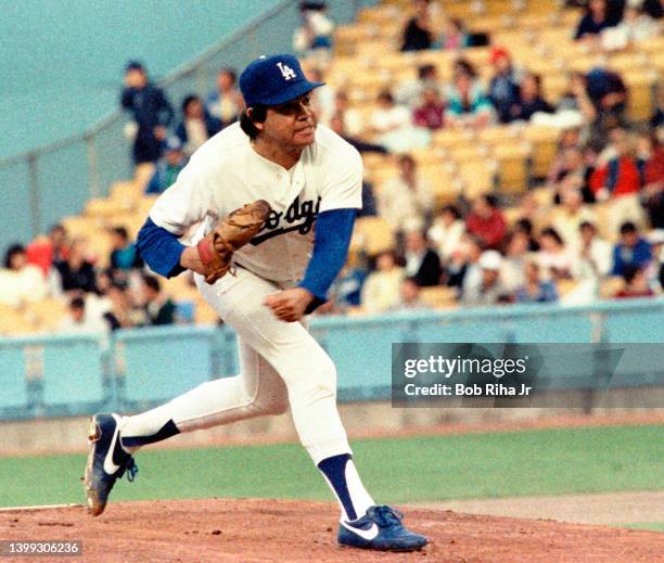 Los Angeles Dodgers pitcher Fernando Valenzuela during Los Angeles Dodgers vs St. Louis Cardinals MLB playoff game, October 9, 1985 in Los Angeles,...