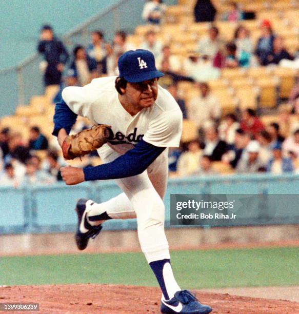 Los Angeles Dodgers pitcher Fernando Valenzuela during Los Angeles Dodgers vs St. Louis Cardinals MLB playoff game, October 9, 1985 in Los Angeles,...