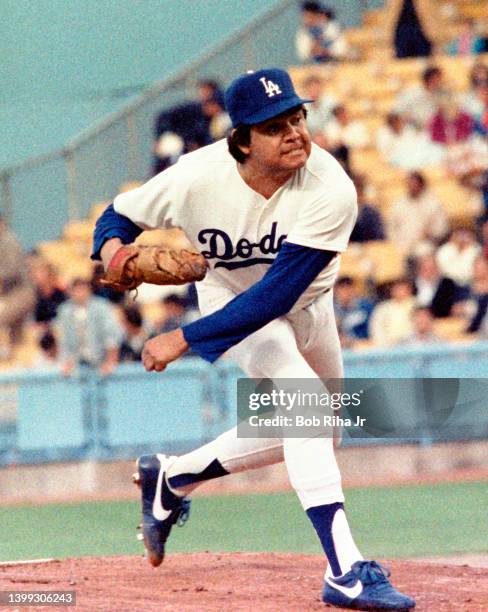 Los Angeles Dodgers pitcher Fernando Valenzuela during Los Angeles Dodgers vs St. Louis Cardinals MLB playoff game, October 9, 1985 in Los Angeles,...