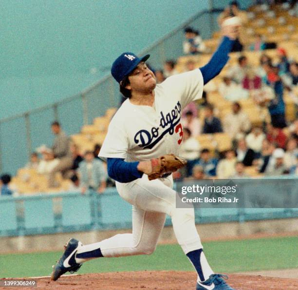 Los Angeles Dodgers pitcher Fernando Valenzuela during Los Angeles Dodgers vs St. Louis Cardinals MLB playoff game, October 9, 1985 in Los Angeles,...