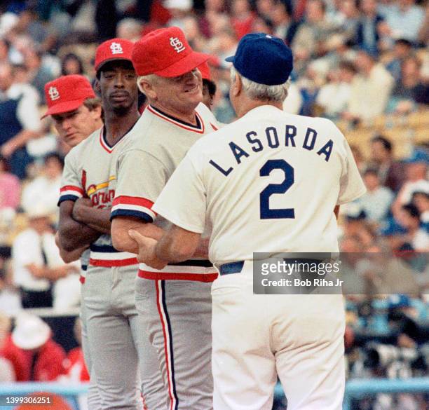 Los Angeles Dodgers Manager Tommy Lasorda greets St. Louis Cardinals Manager Whitey Herzog at home plate before Los Angeles Dodgers vs St. Louis...
