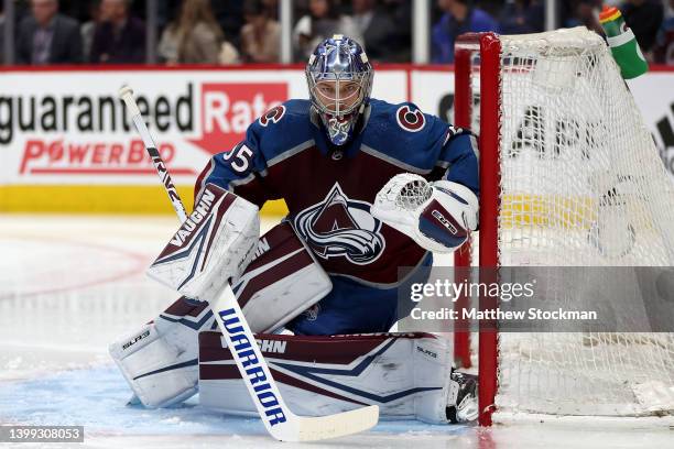 Darcy Kuemper of the Colorado Avalanche tends goal against the St Louis Blues in the first period during Game Five of the Second Round of the 2022...