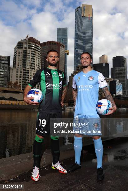 Joshua Risdon of Western United and Jamie Maclaren of Melbourne City pose during a media opportunity ahead of Saturday night's A-League Grand Final,...