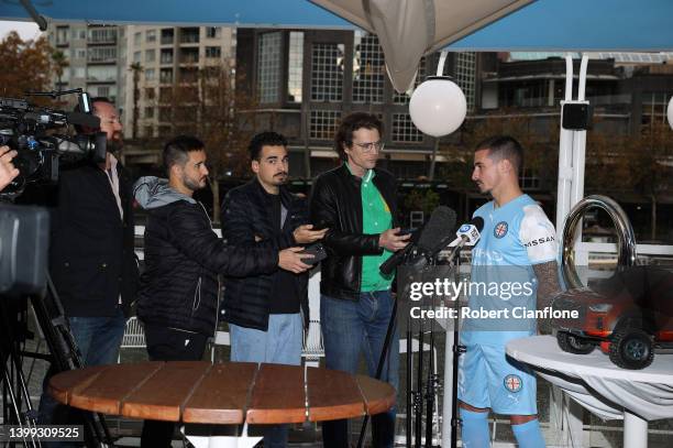 Jamie Maclaren of Melbourne City speaks to the media during a media opportunity ahead of Saturday night's A-League Grand Final, at Arbory Float on...