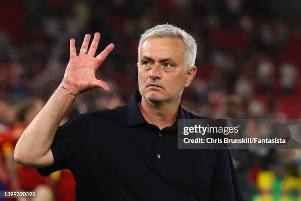 Roma manager Jose Mourinho celebrates at full-time following the UEFA Conference League final match between AS Roma and Feyenoord at Arena Kombetare...
