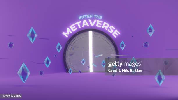 enter the metaverse. a door opening to the transition to the metaverse with floating crypto tokens flying out of the entrance. 3d rendering - technology revolution stock pictures, royalty-free photos & images