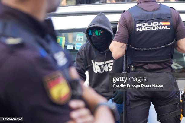 Arrival at the courts of Francisco Javier Garcia, known as 'El Cuco' escorted by the police during the first session of the trial against the young...