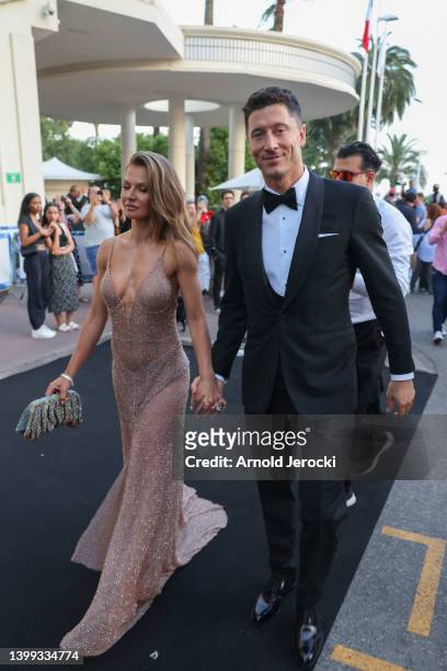 Robert Lewandowski and Anna Lewandowska are seen at the Martinez Hotel during the 75th annual Cannes film festival on May 25, 2022 in Cannes, France.