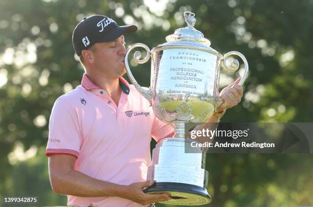 Justin Thomas of the United States poses with the Wanamaker Trophy after winning the 2022 PGA Championship at Southern Hills Country Club on May 22,...