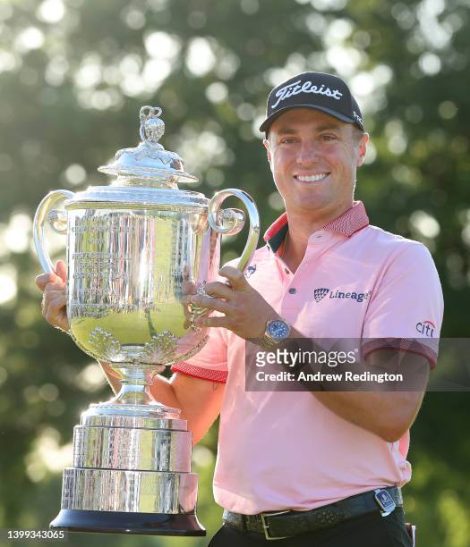 Justin Thomas of the United States poses with the Wanamaker Trophy after winning the 2022 PGA Championship at Southern Hills Country Club on May 22,...