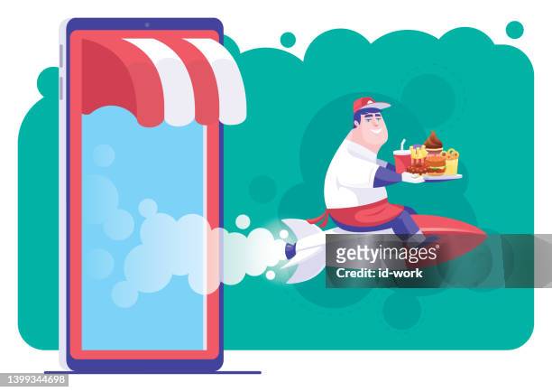 kellner auf rocket reiten und teller mit junk food auf dem smartphone halten - fastfood mann tablett stock-grafiken, -clipart, -cartoons und -symbole