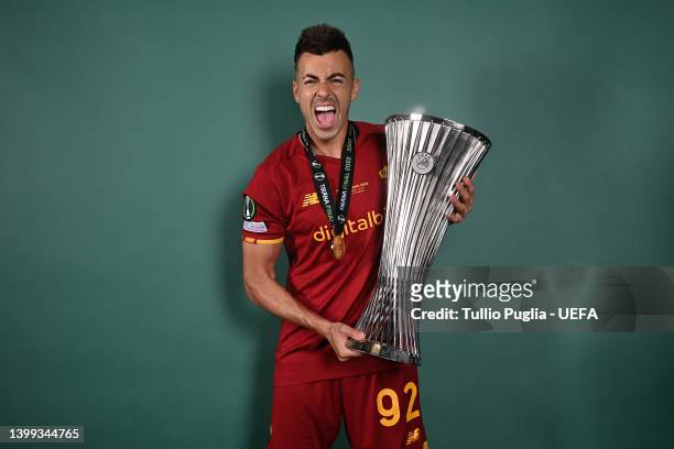 Stephan El Shaarawy of AS Roma poses with the UEFA Europa Conference League Trophy after winning the UEFA Europa Conference League Trophy between AS...