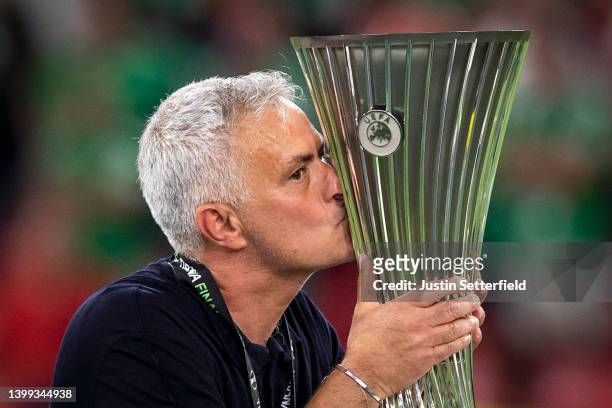 Jose Mourinho, Head Coach of AS Roma kisses the UEFA Europa Conference League Trophy after their sides victory during the UEFA Conference League...
