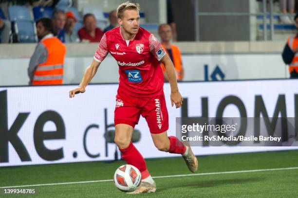 Gaetan Karlen of FC Sion in action during the Super League match between FC Lausanne-Sport and FC Sion at Stade de la Tuiliere on May 19, 2022 in...